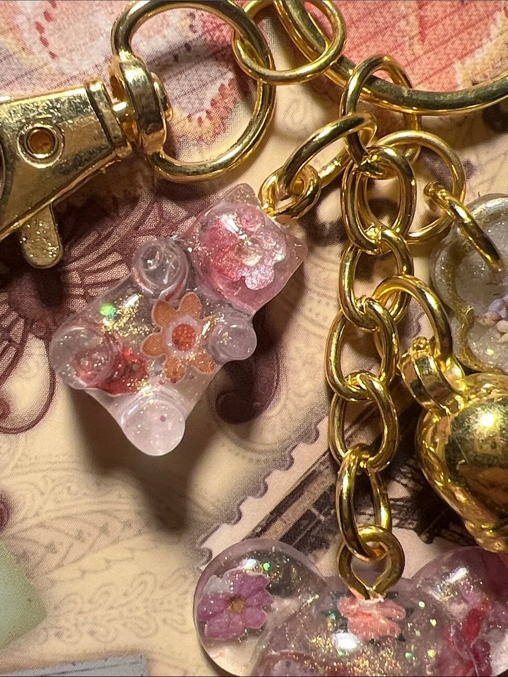 Gold Pink Floral Bear Keychain, backpack or purse Charm.